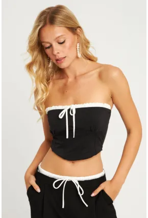 Kadın Siyah Boyun Bağlamalı Crop Bluz MON133