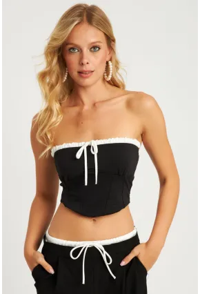 Kadın Siyah Boyun Bağlamalı Crop Bluz MON133