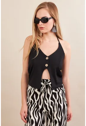 Kadın Siyah Boyun Bağlamalı Düğmeli Yelek FLU7304