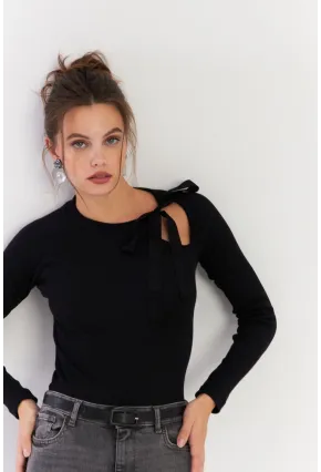 Kadın Siyah Boyun Bağlamalı Kaşkorse Bluz EY2930
