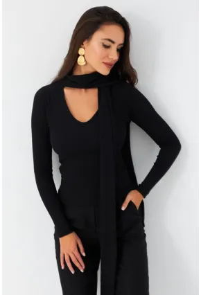 Kadın Siyah Boyun Bağlamalı Kaşkorse Bluz EY2986