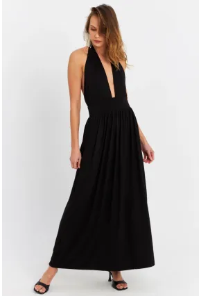 Kadın Siyah Boyun Bağlamalı Maxi Elbise EY3075