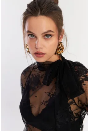 Kadın Siyah Boyun Bağlamalı Tül Bluz EY2929