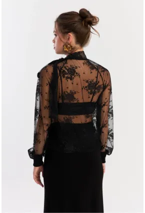 Kadın Siyah Boyun Bağlamalı Tül Bluz EY2929