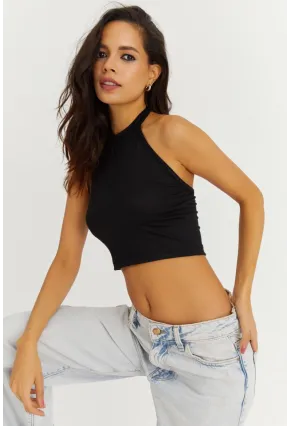 Kadın Siyah Boyundan Bağlamalı Crop Bluz EY1480