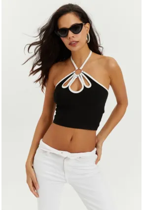 Kadın Siyah Boyundan Bağlamalı Halkalı Crop Bluz B1809