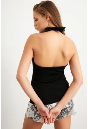 Kadın Siyah Boyundan Bağlamalı Triko Bluz YV356