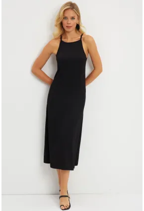 Kadın Siyah Bürümcük Halter Yaka Midi Elbise DMR166
