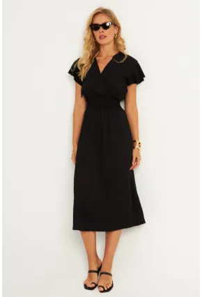 Kadın Siyah Bürümcük Kruvaze Midi Elbise XL2008