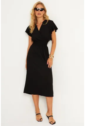 Kadın Siyah Bürümcük Kruvaze Midi Elbise XL2008