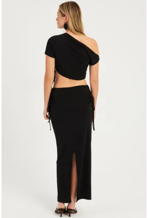 Kadın Siyah Büzgülü Alt Üst  Etek Takım YEL88
