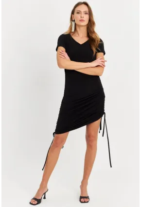 Kadın Siyah Büzgülü Ayarlanabilir Midi Elbise HOR002