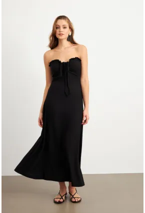 Kadın Siyah Büzgülü Bürümcük Midi Elbise EY3096