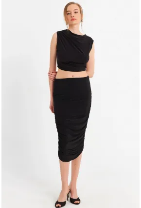 Kadın Siyah Büzgülü Crop Etek Takım ELT181