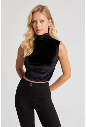 Kadın Siyah Büzgülü Kadife Bluz B228