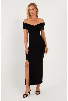 Kadın Siyah Büzgülü Midi Elbise DMR965