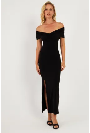 Kadın Siyah Büzgülü Midi Elbise DMR965