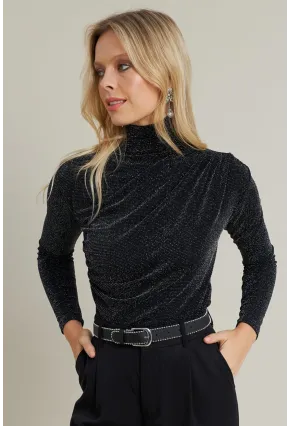 Kadın Siyah Büzgülü Simli Bluz ELT3568