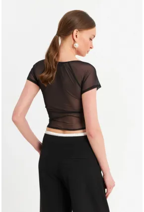Kadın Siyah Büzgülü Tül Crop Bluz TPG04