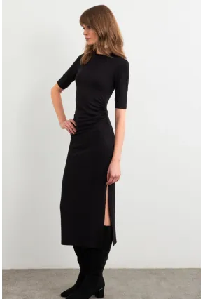 Kadın Siyah Büzgülü Yırtmaçlı Tshırt Elbise FS9594