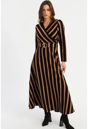 Kadın Siyah-Camel Kruveze Kemerli Maxi Elbise VTN4