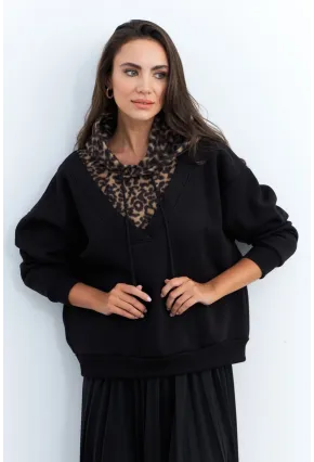 Kadın Siyah-Camel Leopar Bloklu Sweatshirt PP6415