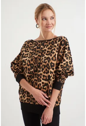 Kadın Siyah -Camel Leopar Desenli Sırtı Açık Yarasa Kol Sweatshirt B161