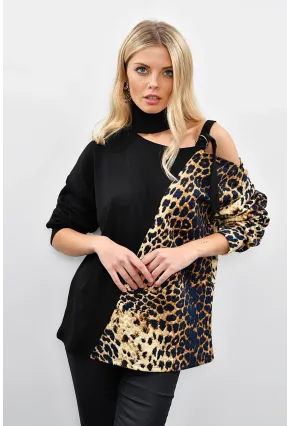 Kadın Siyah-Camel Tek Omuzu Açık Kontrast Sweatshirt Yİ1683