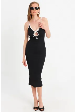 Kadın Siyah Çapraz Askılı Midi Elbise OR2452