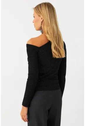 Kadın Siyah Çapraz Yaka Simli Bluz ERL10060