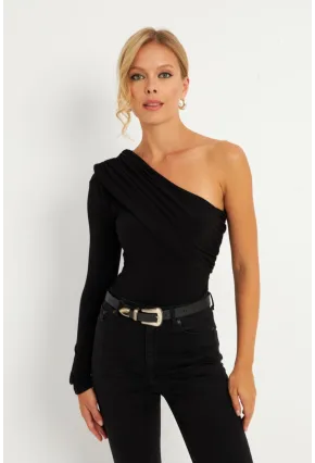 Kadın Siyah Çapraz Yaka Tek Kol Çıtçıtlı Body B5009