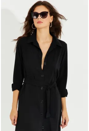 Kadın Siyah Cepli Gömlek Midi Elbise BK1683