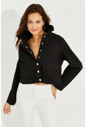 Kadın Siyah Cepli Kısa Kaşe Ceket TW50048