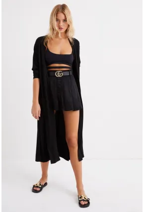 Kadın Siyah Cepli Maxi Hırka LV148