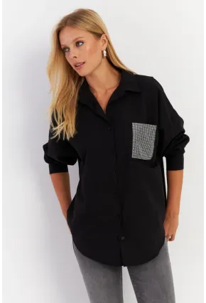Kadın Siyah Cepli Taşlı Gömlek MZER414