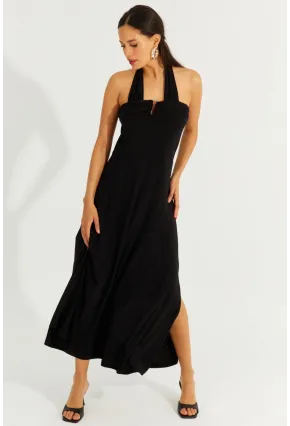Kadın Siyah Çift Askılı Maxi Elbise BK261084