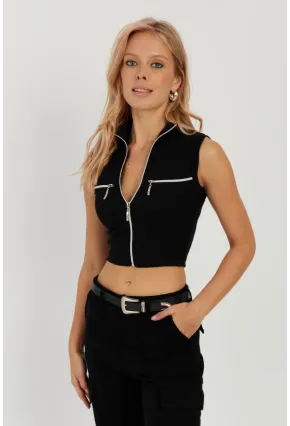 Kadın Siyah Çift Fermuarlı Kaşkorse Bluz EY2735