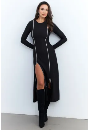 Kadın Siyah Çift Fermuarlı Maxi Elbise ELT4039