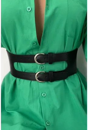 Kadın Siyah Çift Tokalı Lastikli Korse Kemer BE638