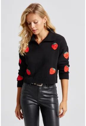 Kadın Siyah Çilek Desenli Triko Kazak KED140