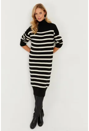 Kadın Siyah Çizgili Balıkçı Triko Midi Elbise MSF2539