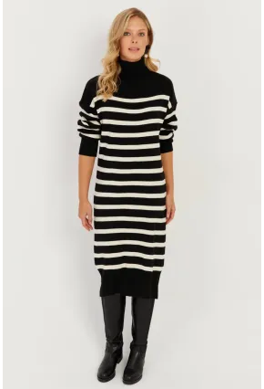 Kadın Siyah Çizgili Balıkçı Triko Midi Elbise SF2539