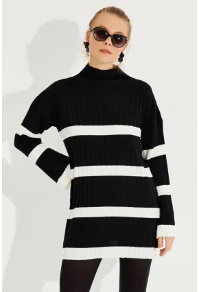 Kadın Siyah Çizgili Mini Triko Elbise YV212