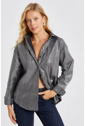 Kadın Siyah Çizgili Parlak Gömlek SF2531