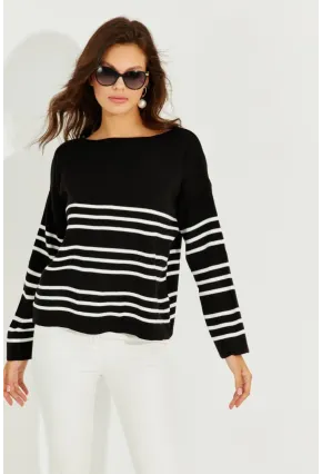 Kadın Siyah Çizgili Triko Kazak SF2188