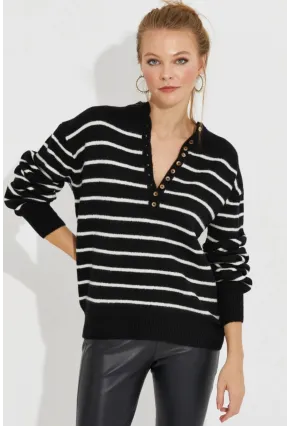 Kadın Siyah Çizgili Triko Kazak SMT219