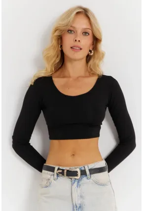 Kadın Siyah Crop Bluz CG367