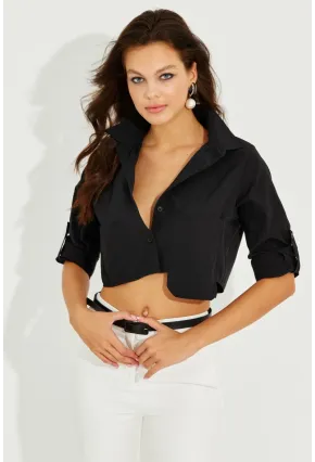 Kadın Siyah Crop Cepli Gömlek TD153