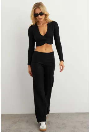 Kadın Siyah Crop Üstlü İkili Pantolon Takım XL10052