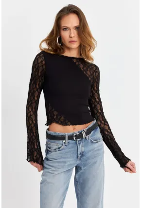 Kadın Siyah Dantel Bloklu Bluz FS9832